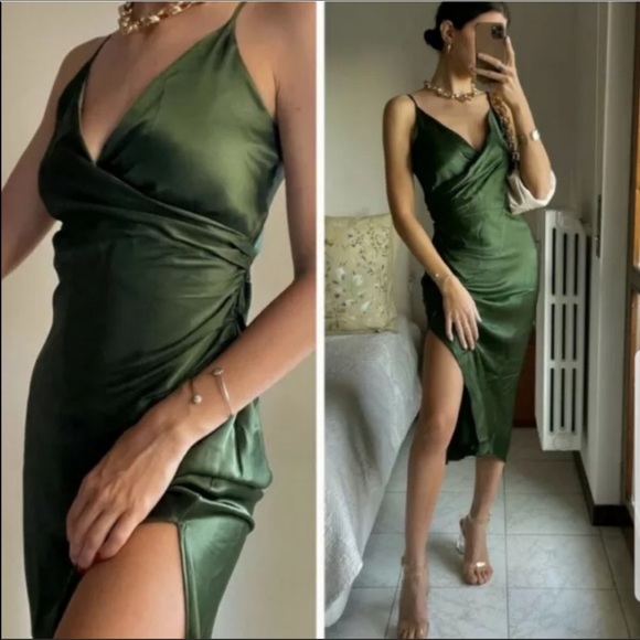 Zara Emerald Green Satin Wrap Dress - Picture 3 of 4